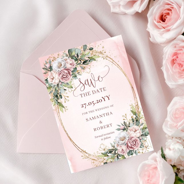 Reserva La Fecha Lujo Bohemio Rosa Polvo Eucalipto Guarda La Fecha (Luxury Bohemian Dusty Pink Eucalyptus Save The Date)