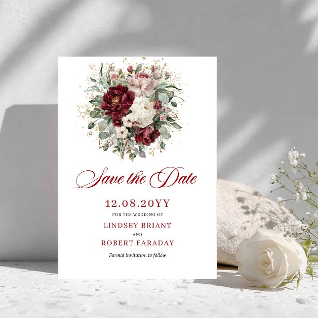 Reserva La Fecha Lujo Burgundy Floral Rosa Salva la Fecha (Luxury Blush Burgundy Floral Save The Date)