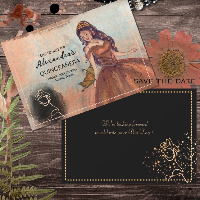 Reserva La Fecha Lujo metálico cobre Quinceañera Salva la fecha (Elegant Vintage Copper Rose Quinceañera Save The Date)
