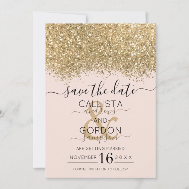 Reserva La Fecha Lujo Moderno Oro Rosa Brillo Confeti Boda (Anverso)