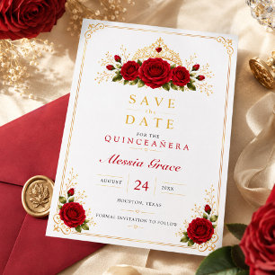 Reserva La Fecha Lujo Rosa Roja y Corona de Oro Quinceañera
