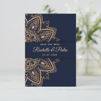 Reserva La Fecha Lujosa Boda de Lujo Azul Oro Elegante