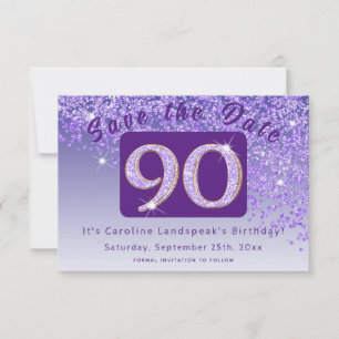 Reserva La Fecha Luminoso Purpurina morado por el cumpleaños 90