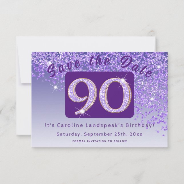 Reserva La Fecha Luminoso Purpurina morado por el cumpleaños 90 (Anverso)