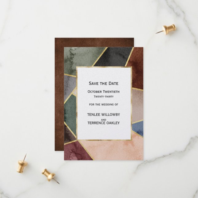 Reserva La Fecha Luxurious Gold Geometric Blue Green Brown Wedding (Anverso/Reverso In Situ)