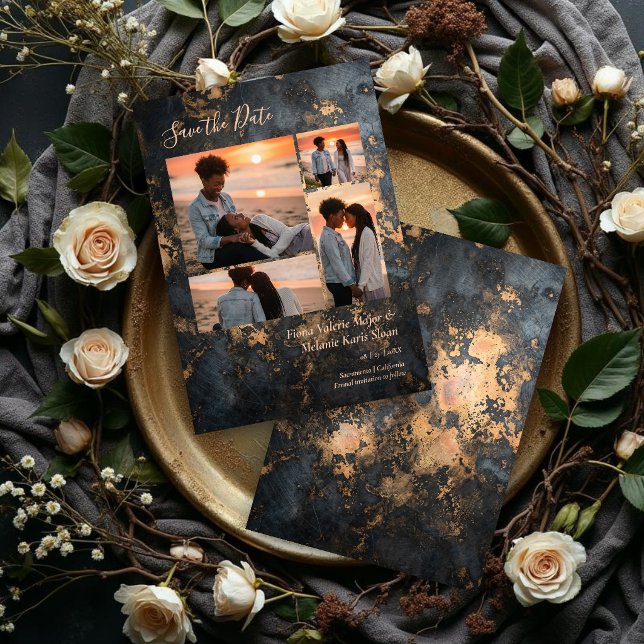 Reserva La Fecha Luxury Dark Grey Gold Wedding 4 Photo Collage (Sophisticated Wedding Charcoal Black Gold Effect Abstract Texture 4 Photo Collage.)