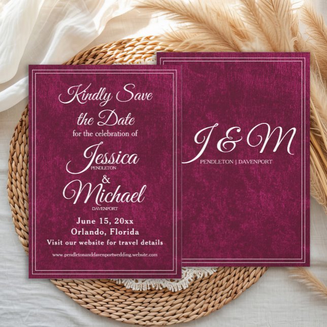 Reserva La Fecha Luxury Velvet Burgundy Berry Monogram Wedding (Elegant, luxury wedding Save the Date with monogram back)