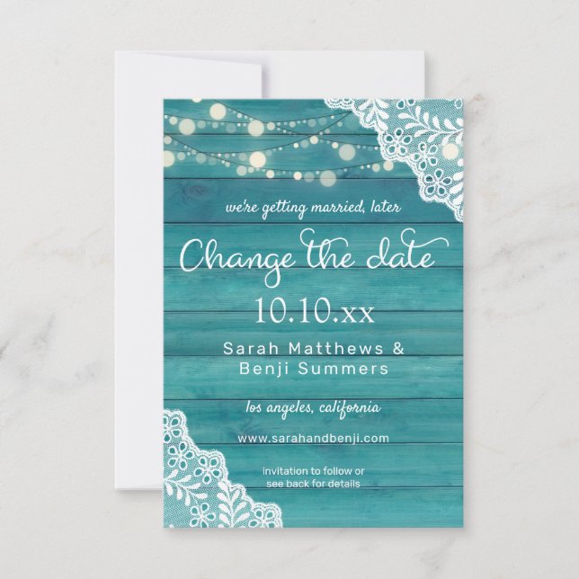 Reserva La Fecha Luz de encaje y cadena de madera azul - Fecha de c (Anverso)