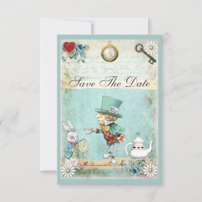 Reserva La Fecha Mad Hatter Wonderland Baby Shower Ahorra La Fecha (Anverso)