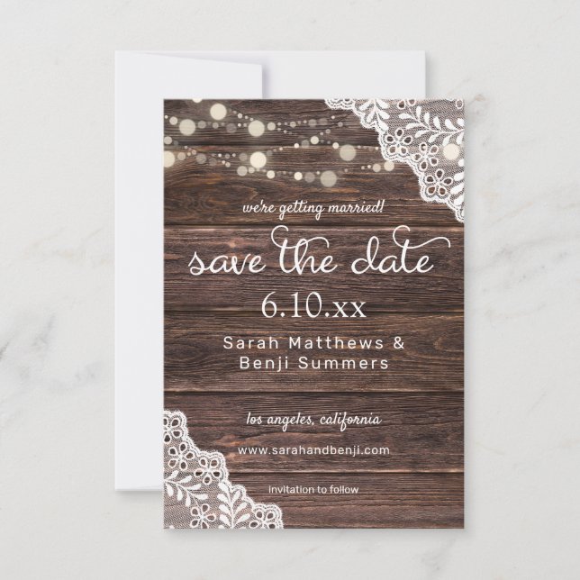 Reserva La Fecha Madera Encaje y Luces de Cadena Save The Date V2 (Anverso)