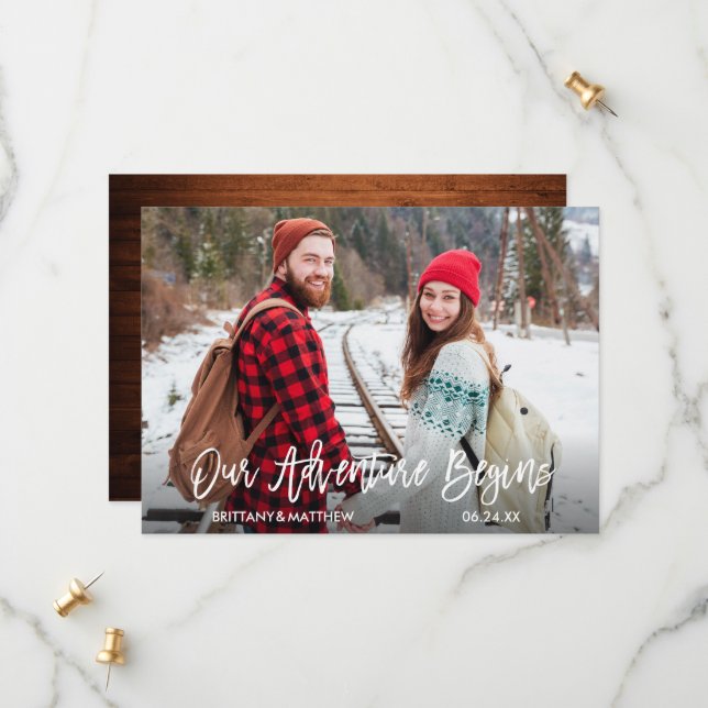 Reserva La Fecha Madera moderna con guión de cepillo Comienza nuest (Anverso/Reverso In Situ)