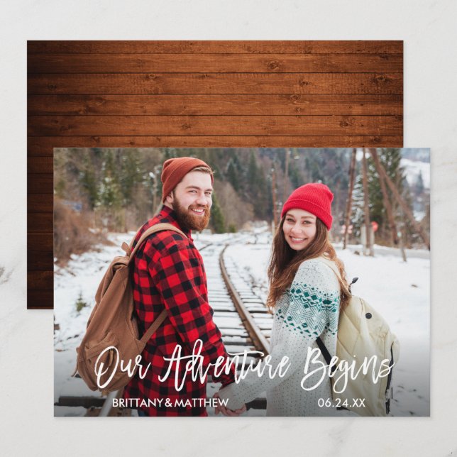 Reserva La Fecha Madera moderna con guión de cepillo Comienza nuest (Anverso / Reverso)