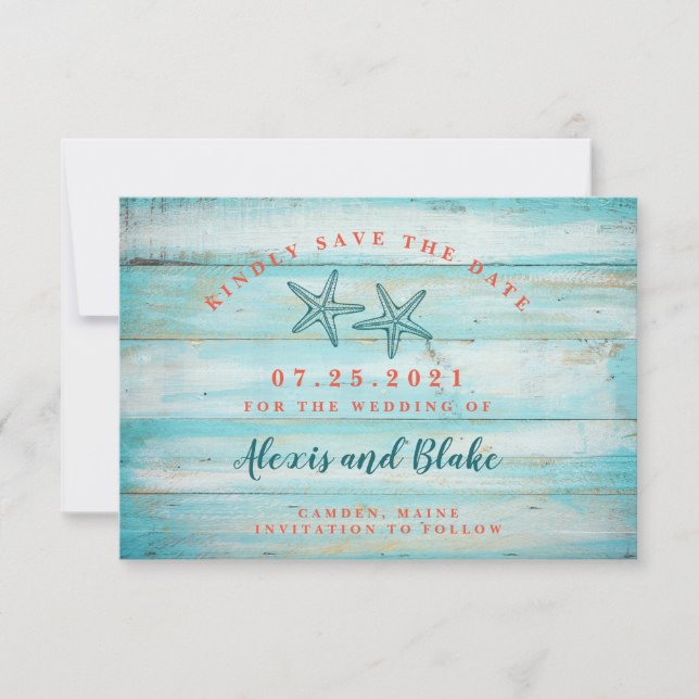 Reserva La Fecha Madera rústica con Starfish Save the Date Card (Anverso)