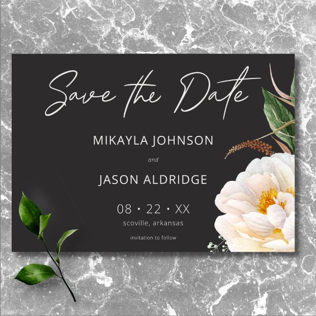 Reserva La Fecha Madernas Peonías Blancas Elegantes en Boda Negra (Modern Elegant White Peonies on Black Wedding Save The Date)