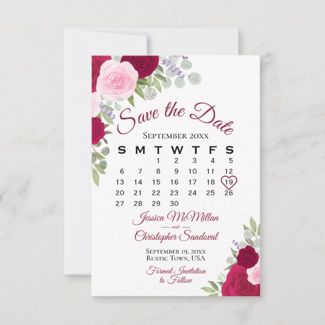 Reserva La Fecha Magenta Calendario de Bodas Boho elegante con flor (Anverso)