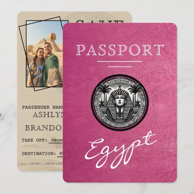 Reserva La Fecha Magenta Egypt Passport Wedding Save the Date (Anverso / Reverso)
