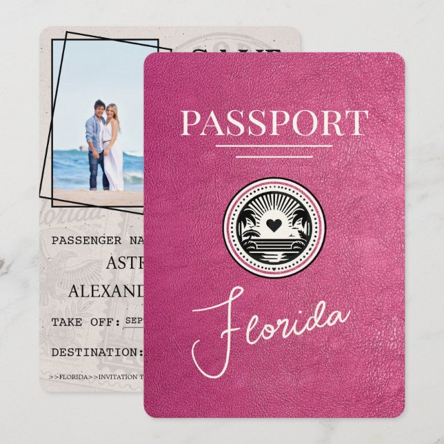 Reserva La Fecha Magenta Pink Florida Passport Save the Date (Anverso / Reverso)