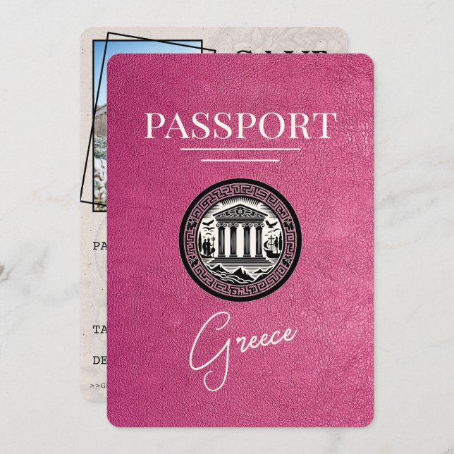 Reserva La Fecha Magenta Pink Greece Passport Save the Date Card (Anverso / Reverso)