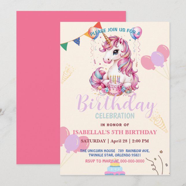 Reserva La Fecha Magnífica princesa de unicornio lindo niños de cum (Anverso / Reverso)