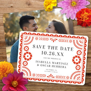 Reserva La Fecha Magnífico Papel Picado Foto Cálido Boda Rojo
