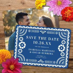 Reserva La Fecha Magnífico papel picado ornado foto Boda azul