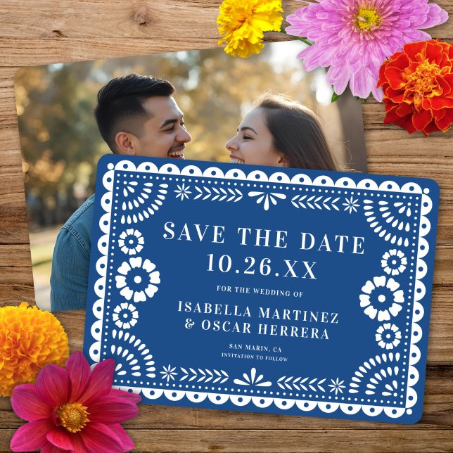 Reserva La Fecha Magnífico papel picado ornado foto Boda azul (Subido por el creador)