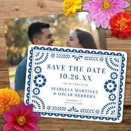 Reserva La Fecha Magnífico papel picado ornado foto Boda azul