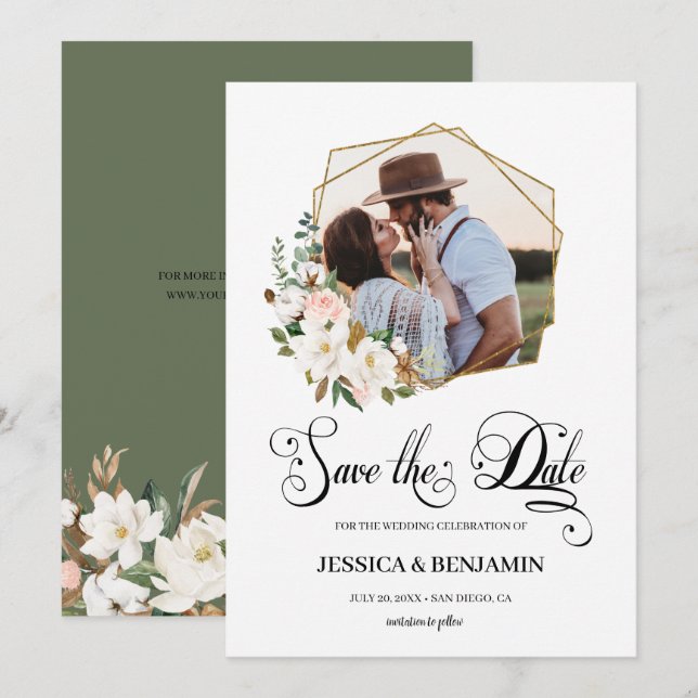 Reserva La Fecha Magnolia Algodón Floral Hojas Dorado Geométrico Fo (Anverso / Reverso)