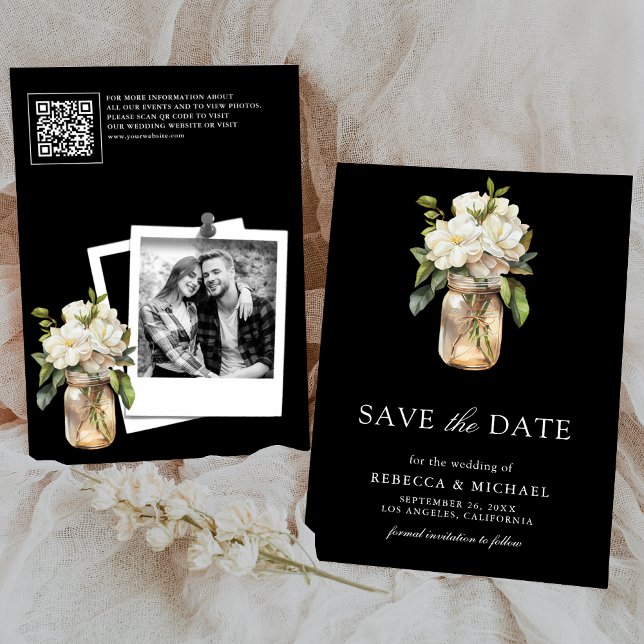 Reserva La Fecha Magnolia blanca Floral Negro Código QR Boda Foto (Subido por el creador)
