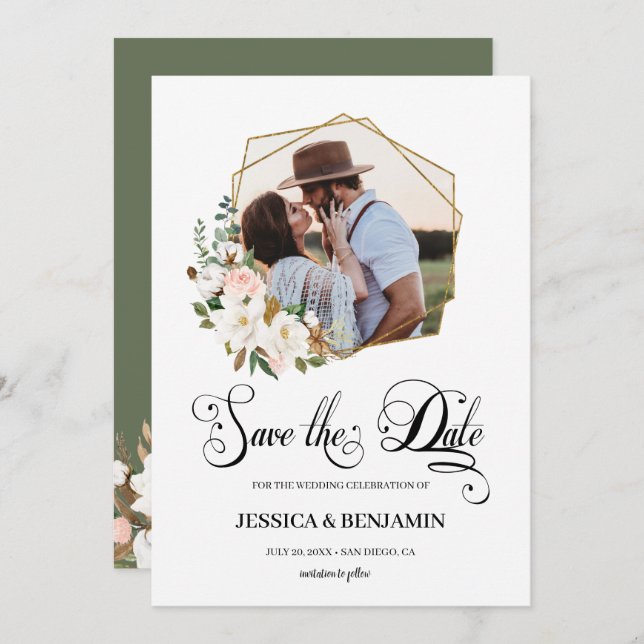 Reserva La Fecha Magnolia de Algodón Floral Hojas Doradas Foto Geom (Anverso / Reverso)