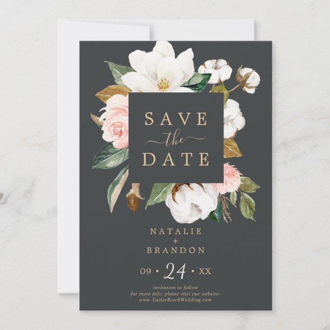 Reserva La Fecha Magnolia elegante | Black Save the Date Card (Anverso)