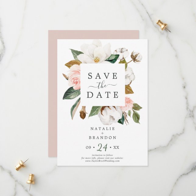 Reserva La Fecha Magnolia elegante | White Save the Date Card (Anverso/Reverso In Situ)