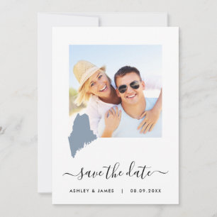Reserva La Fecha Maine Map Photo Wedding Save the Date Card Blue