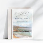 Reserva La Fecha Malibu | California Beach Watercolor Save the Date<br><div class="desc">Coastal California beach theme wedding Save the Date card features a watercolor seascape painting of Malibu pier and Surfrider beach,  the Pacific ocean,   and golden hills along the coast. Part of my "Malibu California" wedding collection. Artwork by KL Stock.</div>