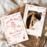 Reserva La Fecha Mano caprichosa dibuja foto de Boda rojo<br><div class="desc">Fije el tono de su boda con esta caprichosa mano dibujada a mano guardar la tarjeta de foto de fecha! Con detalles delicados y artísticos y una foto personalizada, este diseño combina con gusto creatividad y encanto. La tipografía suave y elegante realza el tema romántico, mientras que los detalles del...</div>