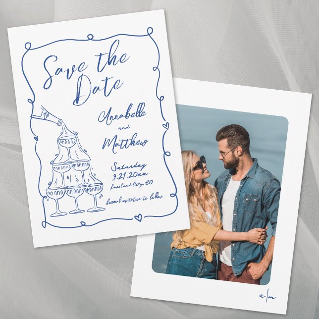Reserva La Fecha Mano caprichosa dibujada Boda azul (Whimsical Hand Drawn Photo Blue Wedding Save the Date)
