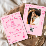 Reserva La Fecha Mano caprichosa dibujada con Boda rosado caliente<br><div class="desc">Fije el tono de su boda con esta caprichosa mano dibujada a mano guardar la tarjeta de foto de fecha! Con detalles delicados y artísticos y una foto personalizada, este diseño combina con gusto creatividad y encanto. La tipografía suave y elegante realza el tema romántico, mientras que los detalles del...</div>