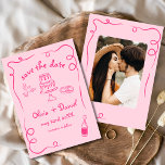 Reserva La Fecha Mano caprichosa dibujada con Boda rosado caliente<br><div class="desc">Fije el tono de su boda con esta caprichosa mano dibujada a mano guardar la tarjeta de foto de fecha! Con detalles delicados y artísticos y una foto personalizada, este diseño combina con gusto creatividad y encanto. La tipografía suave y elegante realza el tema romántico, mientras que los detalles del...</div>