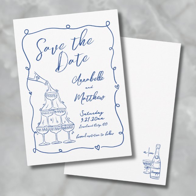 Reserva La Fecha Mano caprichosa dibujó Boda azul (Whimsical Hand Drawn Blue Wedding Save the Date )