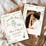 Reserva La Fecha Mano caprichoso dibujó foto Boda verde<br><div class="desc">Fije el tono de su boda con esta caprichosa mano dibujada a mano guardar la tarjeta de foto de fecha! Con detalles delicados y artísticos y una foto personalizada, este diseño combina con gusto creatividad y encanto. La tipografía suave y elegante realza el tema romántico, mientras que los detalles del...</div>