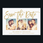 Reserva La Fecha Mano De moda Leída Guardar El Collage de fotos De<br><div class="desc">Esta elegante y moderna foto de 3 fotos ahorra la tarjeta de fecha cuenta con un hermoso tipo de letra de guión de broche en oro. Visite la tienda para ver el resto de la colección de la suite Moda Typography Gold.</div>
