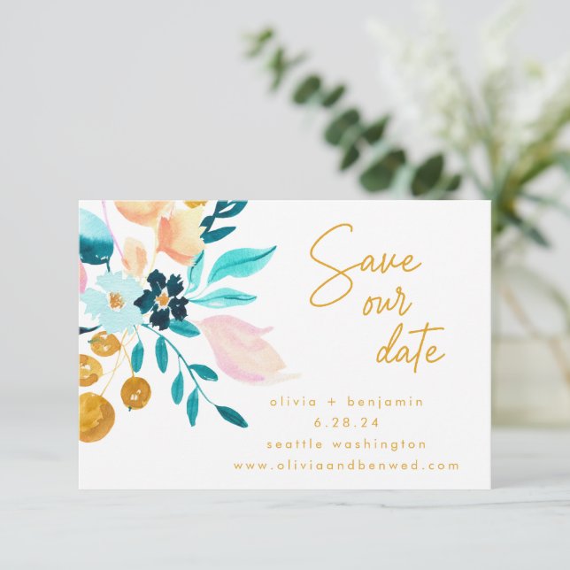Reserva La Fecha Mano floral azul Verde azulada Boho Pintada románt (Anverso de pie)