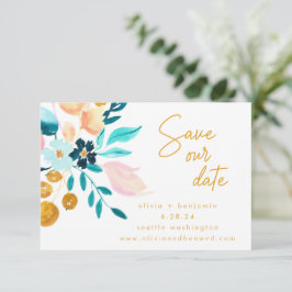 Reserva La Fecha Mano floral azul Verde azulada Boho Pintada románt