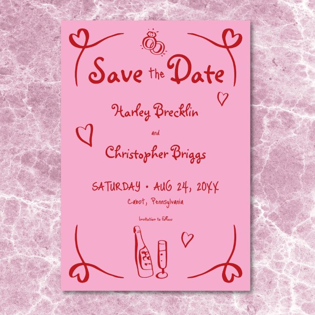 Reserva La Fecha Mano retro caprichosa Boda rojo rosado (Whimsical Retro Hand Drawn Pink Red Wedding Save The Date)