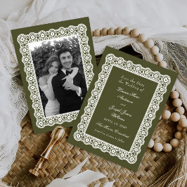 Reserva La Fecha Mantel de encaje vintage verde Save The Date de bo