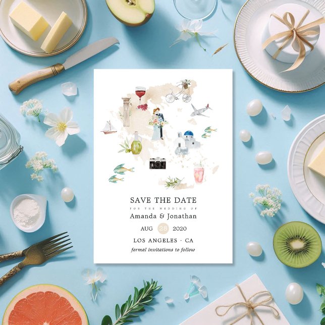 Reserva La Fecha Mapa acuarela de la boda de destino de Grecia (Watercolor Map of Greece Destination Wedding Save The Date)