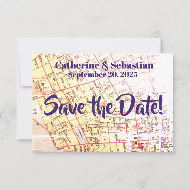 Reserva La Fecha Mapa Antiguo de Charleston, SC (Anverso)