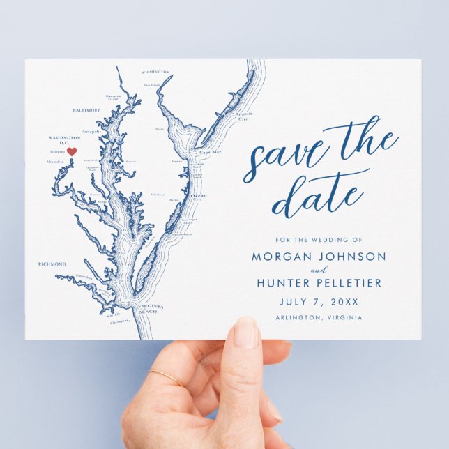 Reserva La Fecha Mapa de Arlington Virginia Boda Moderna (Arlington Virginia Wedding save the dates with modern navy blue typography from coastal map designs)