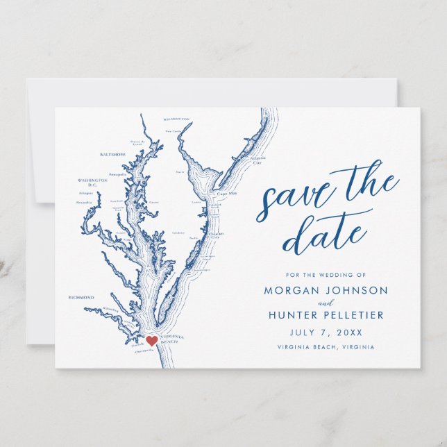 Reserva La Fecha Mapa de Boda Moderno de Virginia Beach (Anverso)