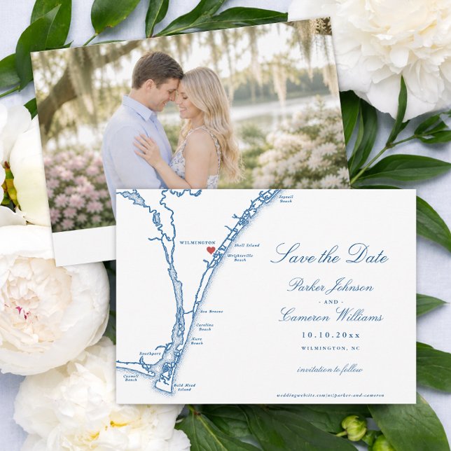 Reserva La Fecha Mapa de bodas de Airlie Gardens Wilmington NC (Airlie Gardens Wedding Save the Date with Wilmington NC Map in navy blue by Coastal Map Designs)